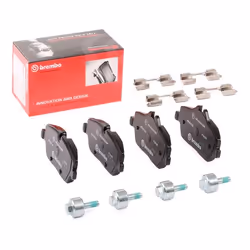 Brake pad set; BREMBO; prepared for wear warning indicator with brake caliper screws, with anti-squeak plate with accessories ...