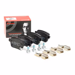 Brake pad set; BREMBO; with acoustic wear warning with brake caliper screws, with anti-squeak plate with accessories; for VAU ...