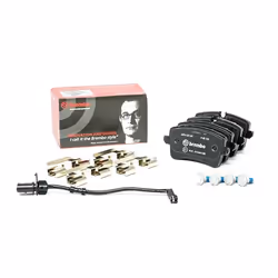 Brake pad set; BREMBO; incl. wear warning contact with brake caliper screws, with anti-squeak plate with accessories; for AUD ...