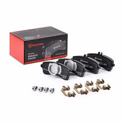 Brake pad set; BREMBO; prepared for wear warning indicator with brake caliper screws, with anti-squeak plate with accessories ...