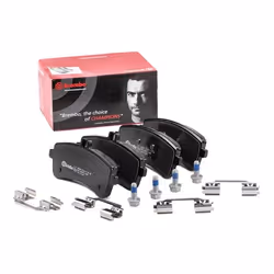 Brake pad set; BREMBO; prepared for wear warning indicator with brake caliper screws, with anti-squeak plate with accessories ...