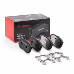 Brake pad set; BREMBO; with acoustic wear warning with piston clip, with anti-squeak plate with accessories; for KIA, HYUNDAI ...
