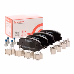 Brake pad set; BREMBO; with acoustic wear warning with brake caliper screws, with anti-squeak plate with accessories; for JEE ...