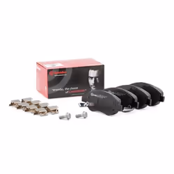 Brake pad set; BREMBO; with acoustic wear warning with brake caliper screws, with anti-squeak plate with accessories; for FIA ...