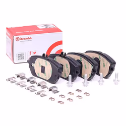 Brake pad set; BREMBO; prepared for wear warning indicator with brake caliper screws, with anti-squeak plate with accessories ...