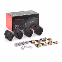 Brake pad set; BREMBO; excl. wear warning contact with brake caliper screws, with anti-squeak plate with accessories; for VOL ...
