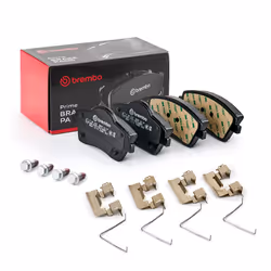 Brake pad set; BREMBO; excl. wear warning contact with brake caliper screws, with anti-squeak plate with accessories; for VOL ...