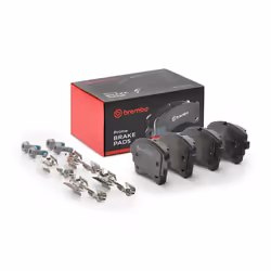 Brake pad set; BREMBO; prepared for wear warning indicator with brake caliper screws, with anti-squeak plate with accessories ...
