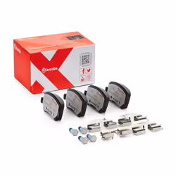 Brake pad set; BREMBO; excl. wear warning contact with brake caliper screws, with anti-squeak plate with accessories; for VOL ...