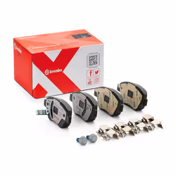 Brake pad set; BREMBO; with acoustic wear warning with brake caliper screws, with anti-squeak plate with accessories; for VAU ...