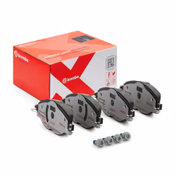 Brake pad set; BREMBO; prepared for wear warning indicator with brake caliper screws, with anti-squeak plate with accessories ...
