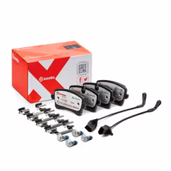 Brake pad set; BREMBO; incl. wear warning contact with brake caliper screws, with anti-squeak plate with accessories; for AUD ...