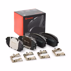 Brake pad set; BREMBO; with acoustic wear warning with piston clip, with anti-squeak plate with accessories; for KIA, HYUNDAI ...