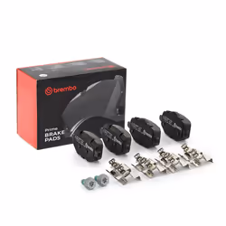 Brake pad set; BREMBO; excl. wear warning contact with brake caliper screws, with anti-squeak plate with accessories; for PEU ...