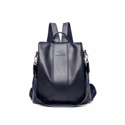 Anti-theft leather backpack women vintage shoulder bag ladies high capacity - Navy blue