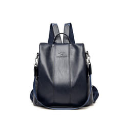 Anti-theft leather backpack women vintage shoulder bag ladies high capacity - Navy blue