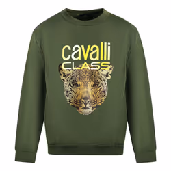 Cavalli Class Leopard Print Logo Olive Jumper - XL
