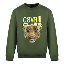 Cavalli Class Leopard Print Logo Olive Jumper - XL