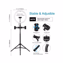 PULUZ 11.8" Ring Light with 1.65m Tripod, Dual Phone Bracket, USB, 3 Modes, Dual Color Temperature (Black)