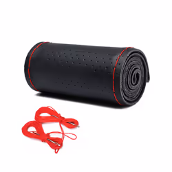 Leather Car Steering Wheel Cover Car Braid On The Steering Wheel 38 cm - Black Red-Full Hole
