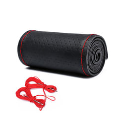 Leather Car Steering Wheel Cover Car Braid On The Steering Wheel 38 cm - Black Red-Full Hole