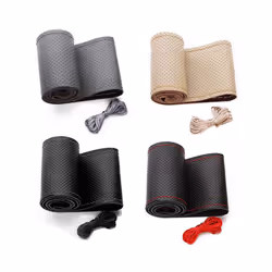 PU Leather Hand Sewing Universal Auto Car Steering Wheel Cover Wrap For - Black Red