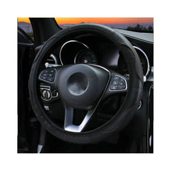 Car Steering Wheel Cover Carbon Fiber Breathable Anti Slip PU Leather - black