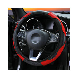 Car Steering Wheel Cover Carbon Fiber Breathable Anti Slip PU Leather - black red