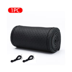 Genuine Leather Car Steering Wheel Cover with Needles Thread DIY Braid - Black