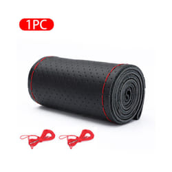 Genuine Leather Car Steering Wheel Cover with Needles Thread DIY Braid - Black Red