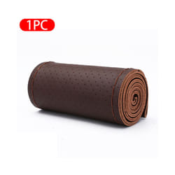 Genuine Leather Car Steering Wheel Cover with Needles Thread DIY Braid - Dark Brown