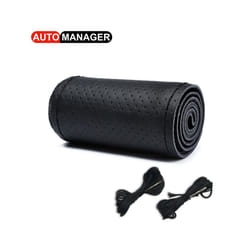 Genuine Leather Braid Car Steering Wheel Cover With Needles Thread Automobile - Hole Black