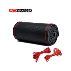 Genuine Leather Braid Car Steering Wheel Cover With Needles Thread Automobile - Hole Black Red