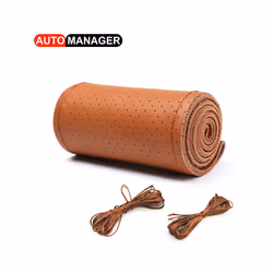 Genuine Leather Braid Car Steering Wheel Cover With Needles Thread Automobile - Hole Brown