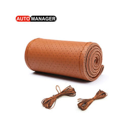 Genuine Leather Braid Car Steering Wheel Cover With Needles Thread Automobile - Hole Brown