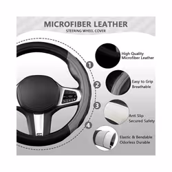 Microfiber Leather Steering Wheel Cover 15inch Universal Fit for Car, - Black