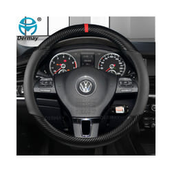 D Shape O shape Car Steering Wheel Cover Non-slip PU Leather for POLO - Black-Round