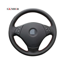 DIY Hand-stitched Black Artificial Leather Steering Wheel Cover for BMW - Red Thread