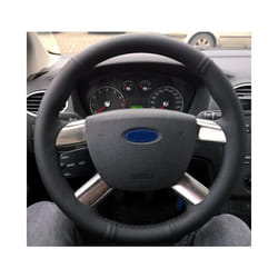 Black Artificial Leather Hand-stitched Car Steering Wheel Cover for Ford - Red thread