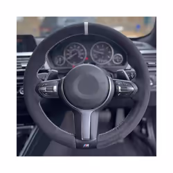 Black Suede Car Steering Wheel Cover For BMW M Sport F30 F31 F34 F10 F11 - White Thread