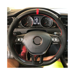 Non-Slip Black Carbon Fiber Suede Car Steering Wheel Cover Braid For Volkswagen - Red Thread