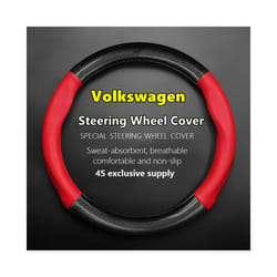 For Volkswagen Steering Wheel Cover Genuine Leather Carbon Fiber Fit VW - Round Shape-Red