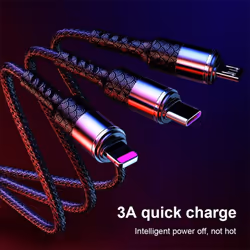 3 in 1 USB Cable 3A Fast Charging Line Universal 1.2M for iPhone Type-C Android Micro 3-in-1 - black