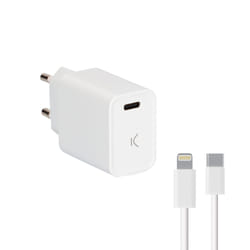 Ksix 20 W wall charger, PPS, Power Delivery, Made for iPhone, Fast charge, USB-C + 1 m USB-C to Lightning cable, White