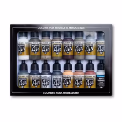 Vallejo Weathering Colors, 17 ml, Black, Brown, Flesh, Green, Grey, Tan, White, Yellow, Bottle