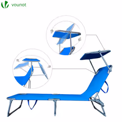 VOUNOT Set of 2 Folding Sun Loungers with Adjustable Backrest & Sunshade, Load 110 kg, Blue
