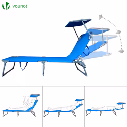 VOUNOT Set of 2 Folding Sun Loungers with Adjustable Backrest & Sunshade, Load 110 kg, Blue