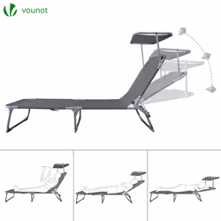 VOUNOT Set of 2 Folding Sun Loungers with Adjustable Backrest & Sunshade, Load 110 kg, Grey