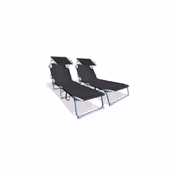 VOUNOT Folding Sun Loungers Set of 2, Sunbed with Adjustable Backrest & Sunshade for Garden, Beach, Patio, Pool, Camp, Load 1 ...