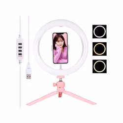 PULUZ 10.2" Ring Light with Desktop Tripod, USB, 3 Modes, Dual Color Temperature, Phone Clamp (Pink)
